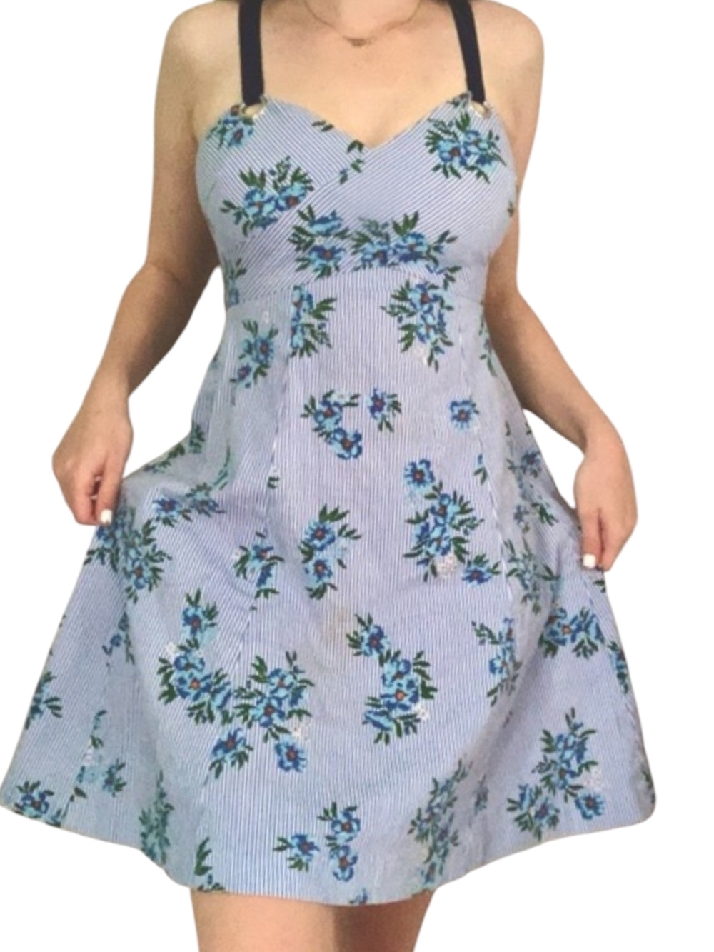 Guess L.A. Mini Dress Blue Fit & Flare Sundress Pinstriped Floral Summer Boho